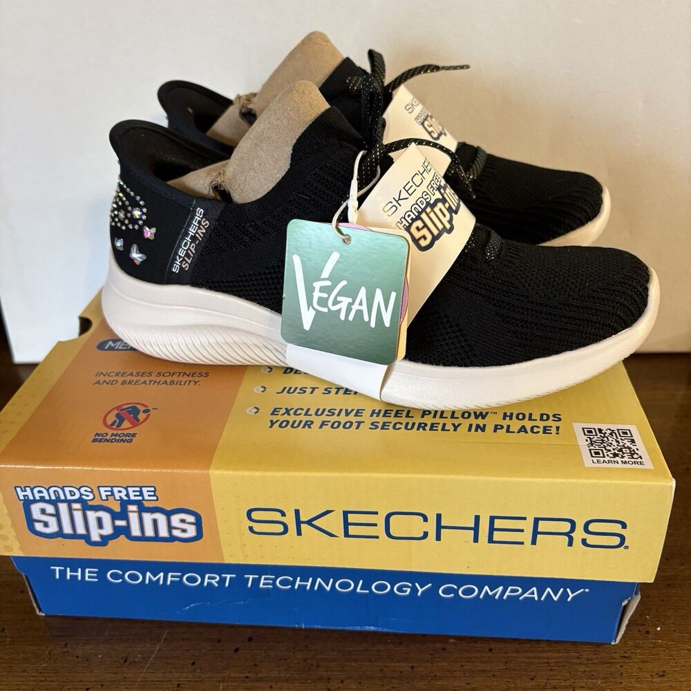 Skechers Womens Slip-Ins Ultra Flex Sneaker Gemstone Glow Butterfly Black 6.5